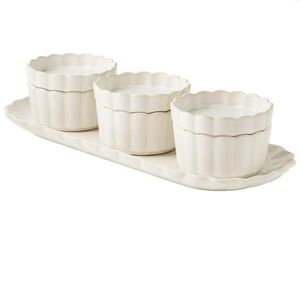 🤎 New Pioneer Woman Elegant Colette  Cream Ceramic Ramekin Bowls With Lids Set
